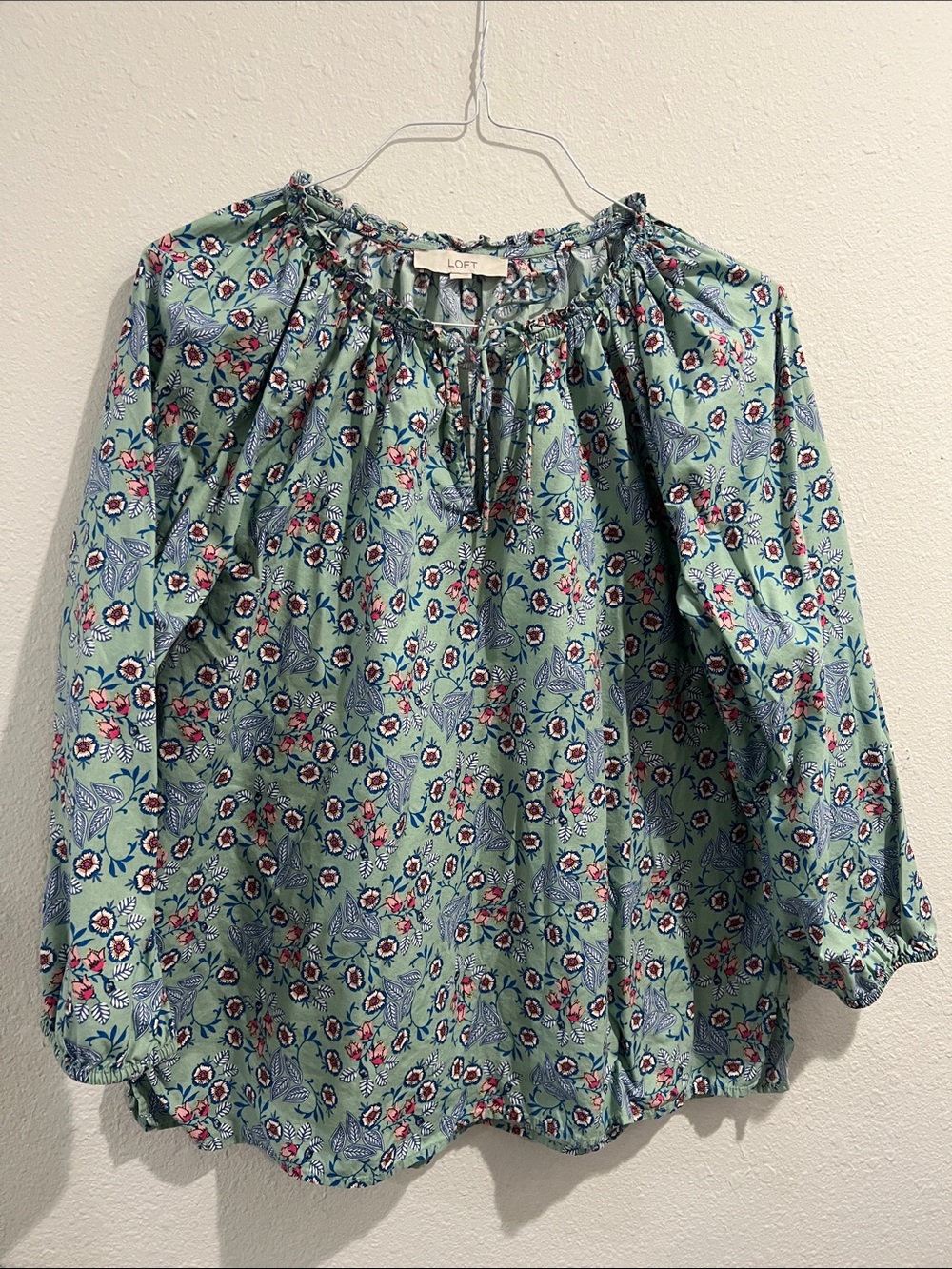 LOFT Mint Green Floral Tie-Neck Blouse
